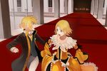  1girl aku_no_meshitsukai_(vocaloid) allen_avadonia blonde_hair blue_eyes brother_and_sister dress formal frills habuki hair_ornament hairclip kagamine_len kagamine_rin necktie open_mouth ribbon short_hair siblings twins victorian vocaloid yellow_dress yellow_neckwear 