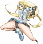  black_panties blonde_hair blue_eyes blue_headband boots buckle elbow_gloves fingerless_gloves foreshortening gloves guilty_gear headband komo-ikenoko legs long_hair millia_rage panties pantyshot solo underwear 