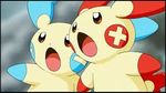  brown_eyes cap minun open_mouth plus_sign plusle pointy_ears pokemon tail 