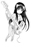  akiyama_mio bangs bass_guitar blunt_bangs foreshortening greyscale instrument k-on! left-handed long_hair minazuki_tsuyuha monochrome simple_background solo white_background 
