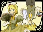  1girl 87_(ena) aku_no_musume_(vocaloid) allen_avadonia blonde_hair blue_eyes brother_and_sister cake dress elbow_gloves evillious_nendaiki fan flower food formal gloves hair_ornament hair_ribbon hairclip kagamine_len kagamine_rin pastry plate ribbon riliane_lucifen_d'autriche short_hair siblings twins vocaloid 