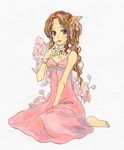  aerith_gainsborough bad_id bad_pixiv_id barefoot bracelet brown_hair cropped_jacket curly_hair dress final_fantasy final_fantasy_vii floral_print green_eyes highres jewelry long_dress long_hair miyamo pink_dress ponytail sitting smile solo traditional_media 