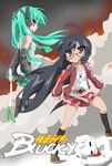  2girls ahoge belt black_hair green_hair hatsune_miku hiiragi_kagami izumi_konata kamen_rider kamen_rider_black kamen_rider_black_(series) kurokona lucky_star multiple_girls panties parody takeya_yuuki thighhighs underwear vocaloid 