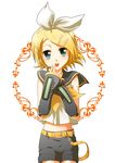  bad_id bad_pixiv_id belt blonde_hair blue_eyes bow detached_sleeves hair_bow hair_ornament hairclip kagamine_rin midriff migu short_hair shorts solo vocaloid 