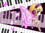  bad_id bad_pixiv_id barefoot blonde_hair blue_eyes bug butterfly butterfly_wings chibi hair_ornament hairclip headphones insect instrument kagamine_rin migikata_no_chou_(vocaloid) nude piano_keys pink_wings ruei_(chicking) short_hair solo vocaloid wings 