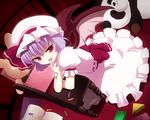  aro blue_hair crayon dress fang hat red_eyes remilia_scarlet short_hair solo stuffed_animal stuffed_bunny stuffed_panda stuffed_toy touhou wings 