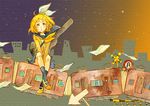  blonde_hair city ground_vehicle guitar_case hair_ornament hairclip instrument_case kagamine_rin night school_uniform serafuku shou_shishi solo train vocaloid 