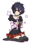  artist_request black_lagoon choker controller electrolarynx game_console game_controller long_sleeves miniskirt plaid plaid_skirt playing_games playstation_2 purple_eyes purple_hair sawyer_the_cleaner short_hair skirt solo thighhighs video_game zettai_ryouiki 