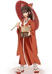  black_eyes black_hair bow box brown_hair donation_box geta hair_bow hakurei_reimu japanese_clothes kimono mieharu oriental_umbrella solo tabi touhou translated umbrella 