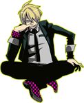  aarue blazer blonde_hair checkered cigarette formal grin jacket male_focus necktie one_piece sanji simple_background smile solo suit 