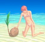  bad_id bad_pixiv_id barefoot beach bikini closed_eyes coconut day flash_tomo kneeling long_legs navel ocean original outdoors pink_hair short_hair smile solo submerged swimsuit water 