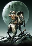  axe barbarian fantasy horse horseback_riding kyakkun original realistic riding tattoo weapon 