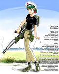  2004 android artist_request belt beret boots breasts combat_boots english folded_ponytail full_body green_hair gun hard_translated hat hatsuseno_alpha holster huge_weapon medium_breasts out_of_character pants purple_eyes shirt short_hair signature solo t-shirt thigh_holster weapon yokohama_kaidashi_kikou 