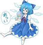  barefoot betanya blue_eyes blue_hair bow cirno fan feet hair_bow short_hair solo sweat touhou translated wings 