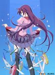  bakemonogatari kneepits long_hair monogatari_(series) official_art pen purple_hair school_uniform scissors senjougahara_hitagi senjougahara_pose skirt skirt_lift solo stapler stationery thighhighs watanabe_akio zettai_ryouiki 