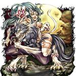  1girl angry animal_ears aqua_eyes aqua_hair armpits blue_skin breasts cat_ears cat_tail claws fangs felicia fighting_stance fur furry gallon large_breasts long_hair moon muscle nunchaku outdoors pants paw_pose paws shirtless smile tail takemi_(tezcatlipoca) teeth vampire_(game) weapon werewolf wolf yellow_eyes 