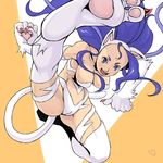  animal_ears big_hair blue_eyes blue_hair breasts cameltoe cat_ears cat_tail covered_nipples decko felicia fur high_kick jumping kicking large_breasts long_hair paws solo tail thighhighs vampire_(game) 