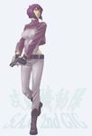  aarue bad_id bad_pixiv_id belt boots fingerless_gloves ghost_in_the_shell ghost_in_the_shell_stand_alone_complex gloves gun kusanagi_motoko lipstick makeup pants purple_hair red_eyes short_hair solo weapon 