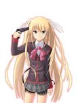  blonde_hair blue_eyes bow genkai_madika gun gun_to_head holding holding_gun holding_weapon little_busters! long_hair pink_bow school_uniform skirt solo suicide tears thigh_strap tokido_saya twintails weapon 