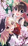  blonde_hair blush brown_hair cherry_blossoms hakurei_reimu kirisame_marisa kitahara_tomoe_(kitahara_koubou) multiple_girls touhou 