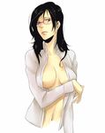  aarue bad_id bad_pixiv_id black_hair blush breasts brown_eyes cleavage dress_shirt glasses large_breasts open_clothes open_shirt original shirt solo 