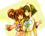 1girl aino_yumeri anise_tatlin blue_eyes brown_eyes brown_hair creature gloves green_eyes green_hair hair_tubes ion mieu ribbon short_hair_with_long_locks sidelocks smile tales_of_(series) tales_of_the_abyss twintails 