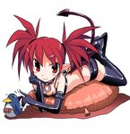  bat_wings choker demon_girl disgaea elbow_gloves etna feet flat_chest gloves highres kakkii lying miniskirt on_stomach pillow pointy_ears prinny red_eyes red_hair skirt solo tail thighhighs twintails wings 