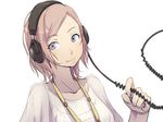  cable face hands headphones jewelry lowres necklace original painpa pink_hair purple_eyes shirt short_hair simple_background smile solo white_shirt 