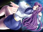  breasts bursting_breasted_police game_cg gigantic_breasts huge_breasts lipstick long_hair makeup purple_hair solo thighhighs uniform 