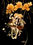  1girl aku_no_musume_(vocaloid) bad_id bad_pixiv_id blonde_hair boots brother_and_sister chry_(abbey_bc) crown evillious_nendaiki flower hair_ribbon highres kagamine_len kagamine_rin ribbon riliane_lucifen_d'autriche rose short_hair shorts siblings sitting twins vocaloid 