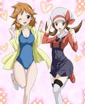 adapted_costume ass_visible_through_thighs bad_id bad_pixiv_id blue_eyes blush breasts brown_eyes brown_hair cabbie_hat cleavage competition_swimsuit dress_shirt gym_leader happy hat hat_ribbon heart highres kasumi_(pokemon) kotone_(pokemon) large_breasts medium_breasts multiple_girls older one-piece_swimsuit one_eye_closed orange_hair overalls pokemon pokemon_(game) pokemon_hgss red_ribbon ribbon shirt short_twintails smile socks spiked_hair standing standing_on_one_leg swimsuit teenage thigh_gap thighhighs toru_k twintails 