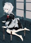  bad_id bad_pixiv_id barefoot braid charin feet indoors izayoi_sakuya knife maid red_eyes short_hair silver_hair solo touhou twin_braids window 