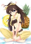  ? bad_id bad_pixiv_id bandeau bare_shoulders barefoot beyond_the_vibes blue_eyes bow brown_hair feet food fruit ganaha_hibiki hair_bow hands_on_feet idolmaster idolmaster_(classic) indian_style komone_ushio long_hair midriff pineapple sitting solo 