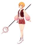  bad_id bad_pixiv_id brown_hair highres original polearm red_eyes short_hair shorts smile solo spear staff urue weapon 