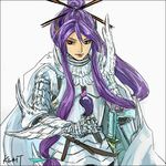  armor belt berserk blue_eyes cape cosplay creator_connection eggplant griffith griffith_(cosplay) kamui_gakupo kwmt long_hair male_focus microphone parody ponytail purple_hair solo sword vocaloid weapon wings 