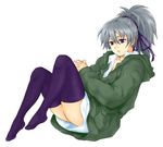  bad_id bad_pixiv_id darker_than_black feet hair_ribbon jacket long_hair momi_(s4101) open_clothes open_jacket open_shirt ponytail purple_eyes raincoat ribbon shirt silver_hair simple_background sitting solo thighhighs white_background yin 