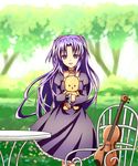  bad_id bad_pixiv_id blue_hair clannad dress highres ichinose_kotomi instrument kuroi_hitsuji long_hair purple_eyes solo stuffed_animal stuffed_toy teddy_bear two_side_up violin 