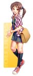  aoi_sora_(pairan) bag between_breasts breasts brown_hair face hands highres kneehighs legs lips open_mouth original pairan shoes skirt smile sneakers socks solo strap_cleavage teeth twintails 