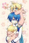  2boys bad_id bad_pixiv_id blonde_hair blue_eyes blue_scarf bug butterfly child chirota fang hair_ribbon holding insect kagamine_len kagamine_rin kaito multiple_boys ribbon scarf sleeping smile vocaloid younger 