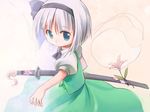  black_hairband blue_eyes emurin ghost hairband hitodama katana konpaku_youmu konpaku_youmu_(ghost) ribbon short_hair silver_hair solo sword touhou weapon 