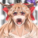  angry bare_shoulders blonde_hair bow commentary_request fangs hair_bow haruichi horn_ribbon horns ibuki_suika long_hair open_mouth red_eyes ribbon slit_pupils solo touhou you_gonna_get_raped 