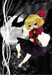  1girl bad_id bad_pixiv_id barefoot bird bird_on_hand blonde_hair crow darkness hair_ribbon magic red_eyes ribbon rumia short_hair solo touhou 