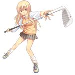  bad_id bad_pixiv_id blonde_hair golf golf_club legs long_hair loose_socks nike nnyu orange_eyes original pleated_skirt school_uniform shoes skirt sneakers socks solo sweater_vest 