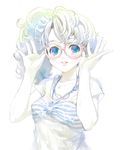  adjusting_eyewear blue_eyes blush curly_hair glasses hands jewelry lips messy_hair necklace original sage_joh shirt side_ponytail smile solo striped t-shirt upper_body wet wet_clothes white_hair 