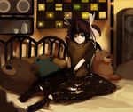  bad_id bad_pixiv_id bedroom blue_eyes boots brown_hair face indoors original pillow pillow_hug shirabi short_hair short_twintails sitting solo stuffed_animal stuffed_toy twintails 