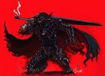  armor bandages berserk berserker_armor black_armor cape clawed_gauntlets dragonslayer_(sword) guts huge_weapon male_focus one_knee red_background simple_background sochie solo sword weapon 