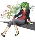  alternate_costume casual contemporary flower green_hair hairband hands highres kazami_yuuka plaid plaid_shirt red_eyes shirt shoe_dangle shoes short_hair sleeves_pushed_up solo sunflower touhou ww90055 