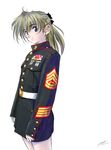  bangs belt blonde_hair blue_eyes buttons copyright_request gloves light_brown_hair marine_corps medal military military_uniform no_pants oofuji_reiichirou pantyhose ponytail signature soldier solo uniform 
