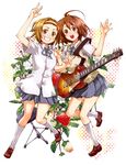  ahoge bad_id bad_pixiv_id blush brown_eyes brown_hair flower food fruit grin guitar hairband hirasawa_yui instrument k-on! m_(pixiv) multiple_girls school_uniform short_hair skirt smile socks stool strawberry strawberry_blossoms sweater_vest tainaka_ritsu tomboy v white_legwear 