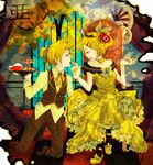  1girl aku_no_musume_(vocaloid) allen_avadonia blonde_hair blood blue_eyes brother_and_sister cake crown dress evillious_nendaiki flower food formal hair_ornament hair_ribbon hairclip highres jewelry kagamine_len kagamine_rin kneeling minami373 pastry plate ribbon riliane_lucifen_d'autriche rose short_hair siblings twins vocaloid 